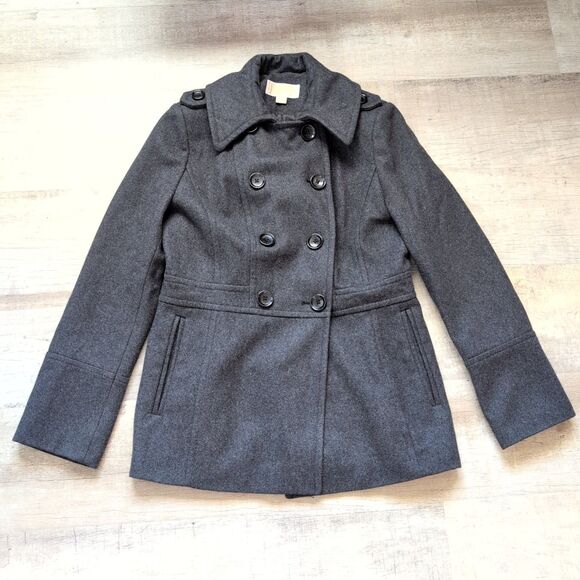 Michael Kors Suze S Wool Blend Peacoat Jacket Double Breasted Dark Grey Black - Picture 1 of 8